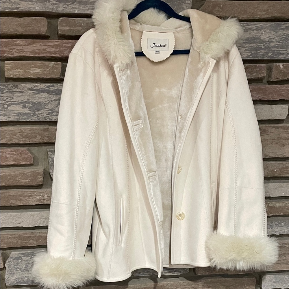 Jessica Cream Faux-Suede Hooded Teddy Jacket with Fur Trim